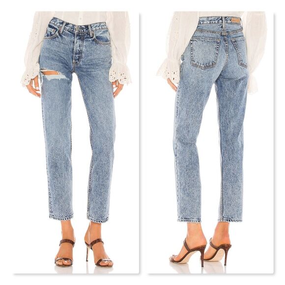 GRLFRND Womens Jeans Size 24 Helena Button Fly Blue Radio Clash Distressed USA - Picture 2 of 16